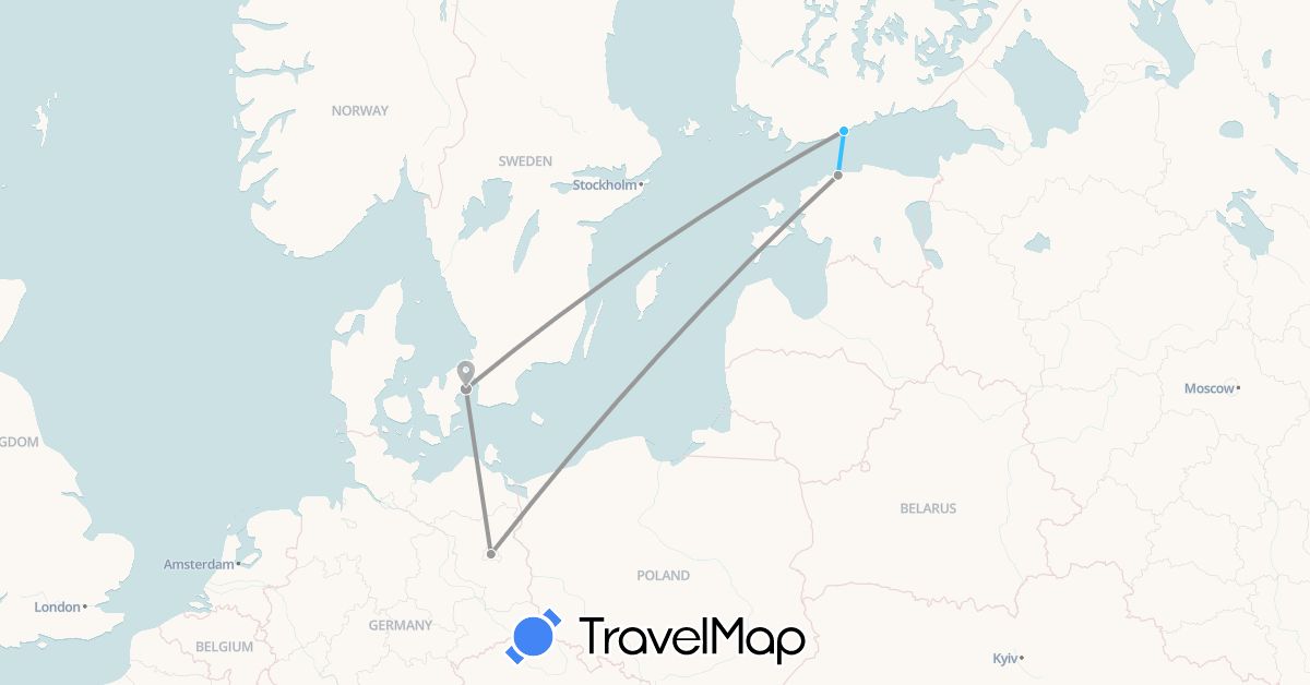 TravelMap itinerary: driving, plane, boat in Germany, Denmark, Estonia, Finland (Europe)