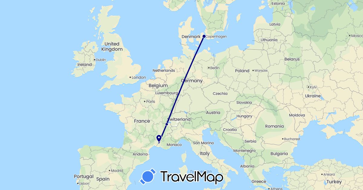 TravelMap itinerary: driving in Switzerland, Denmark, France (Europe)